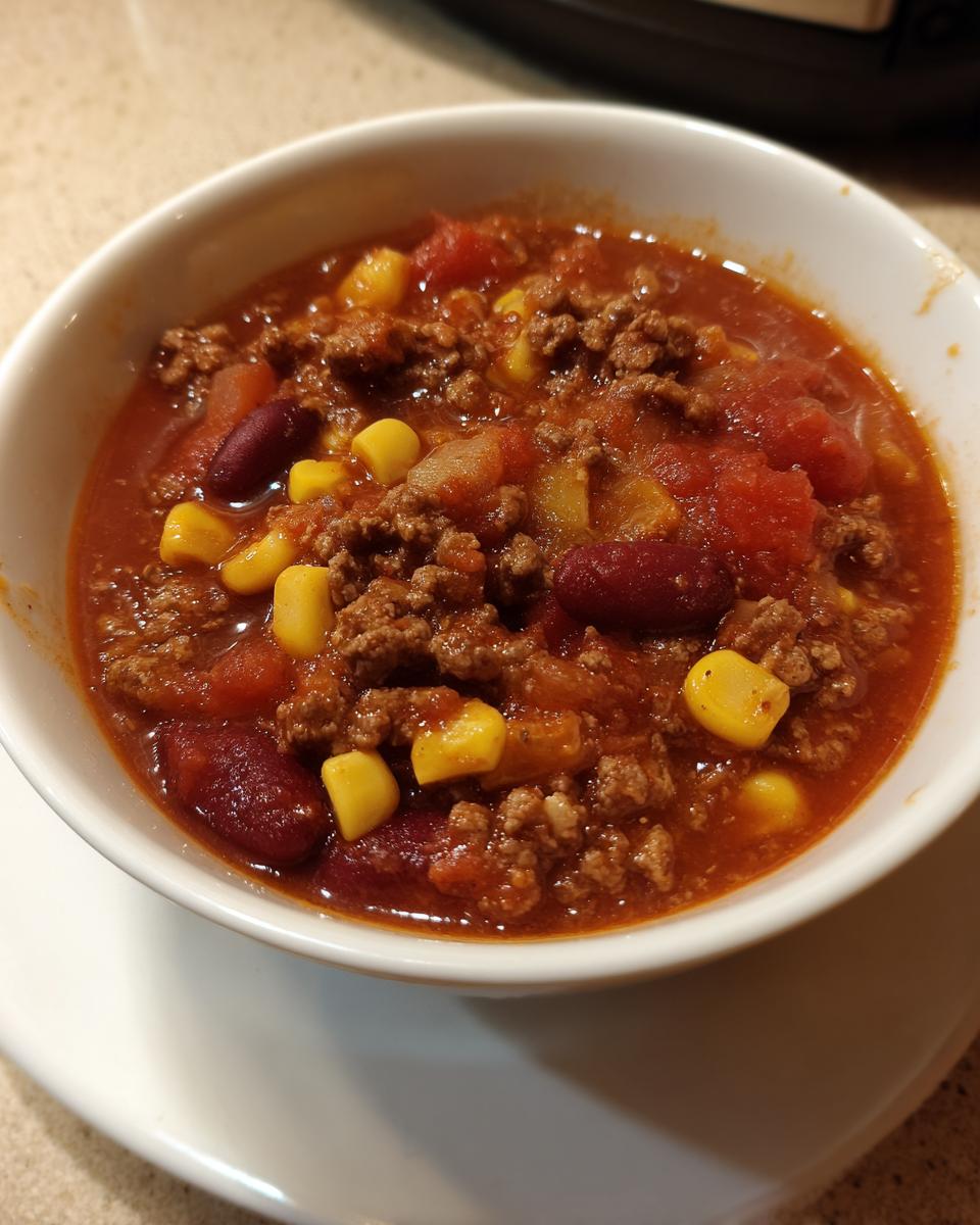 Nahaufnahme einer Schüssel mit Party Schlemmertopf mit Hackfleisch, Bohnen und Mais in einer roten Sauce.