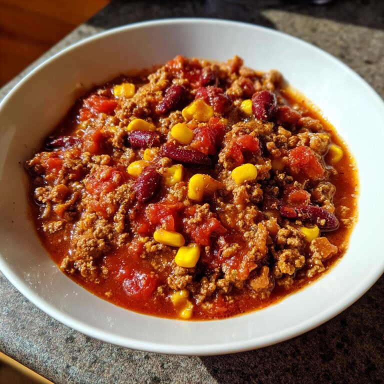 Nahaufnahme eines herzhaften Party Schlemmertopf mit Hackfleisch, Bohnen und Mais in einer weißen Schüssel.