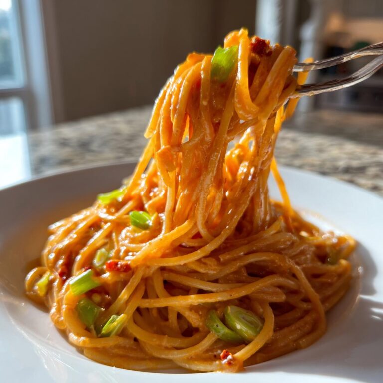 Gabel zieht Spaghetti aus Pasta in cremiger Lauch-Tomaten-Soße mit Chili.