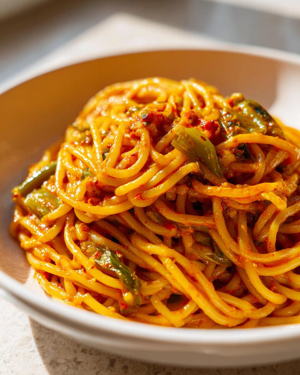 Nahaufnahme von Pasta in cremiger Lauch-Tomaten-Soße mit Chili, leuchtend orange und mit grünen Lauchstücken.