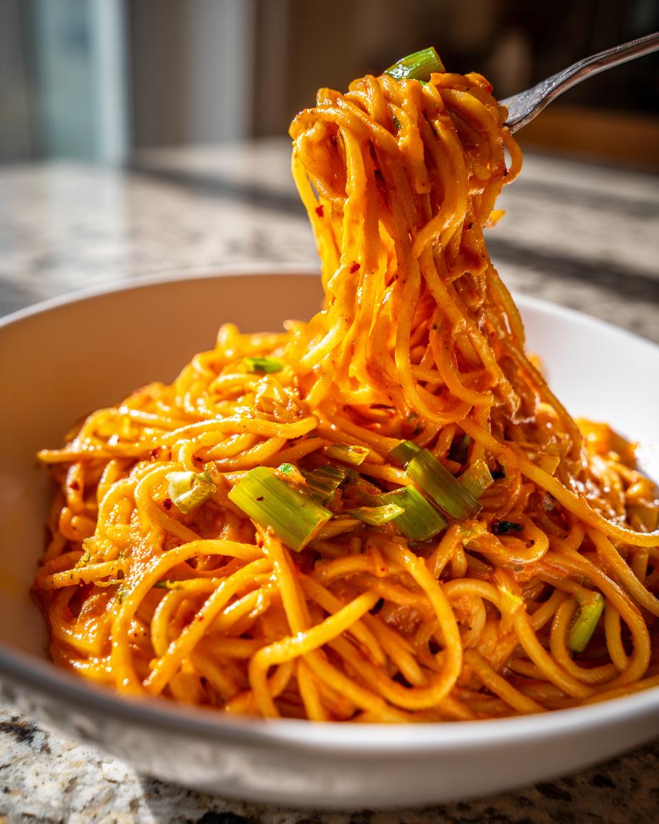 Gabel zieht Spaghetti aus einer Schüssel mit Pasta in cremiger Lauch-Tomaten-Soße mit Chili.