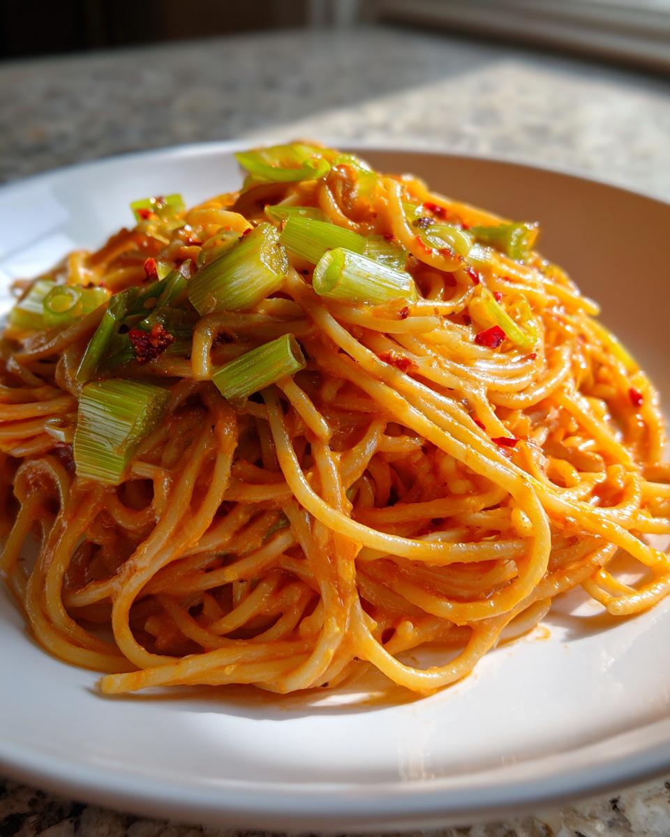 Nahaufnahme von Pasta in cremiger Lauch-Tomaten-Soße mit Chili, garniert mit frischem Lauch.