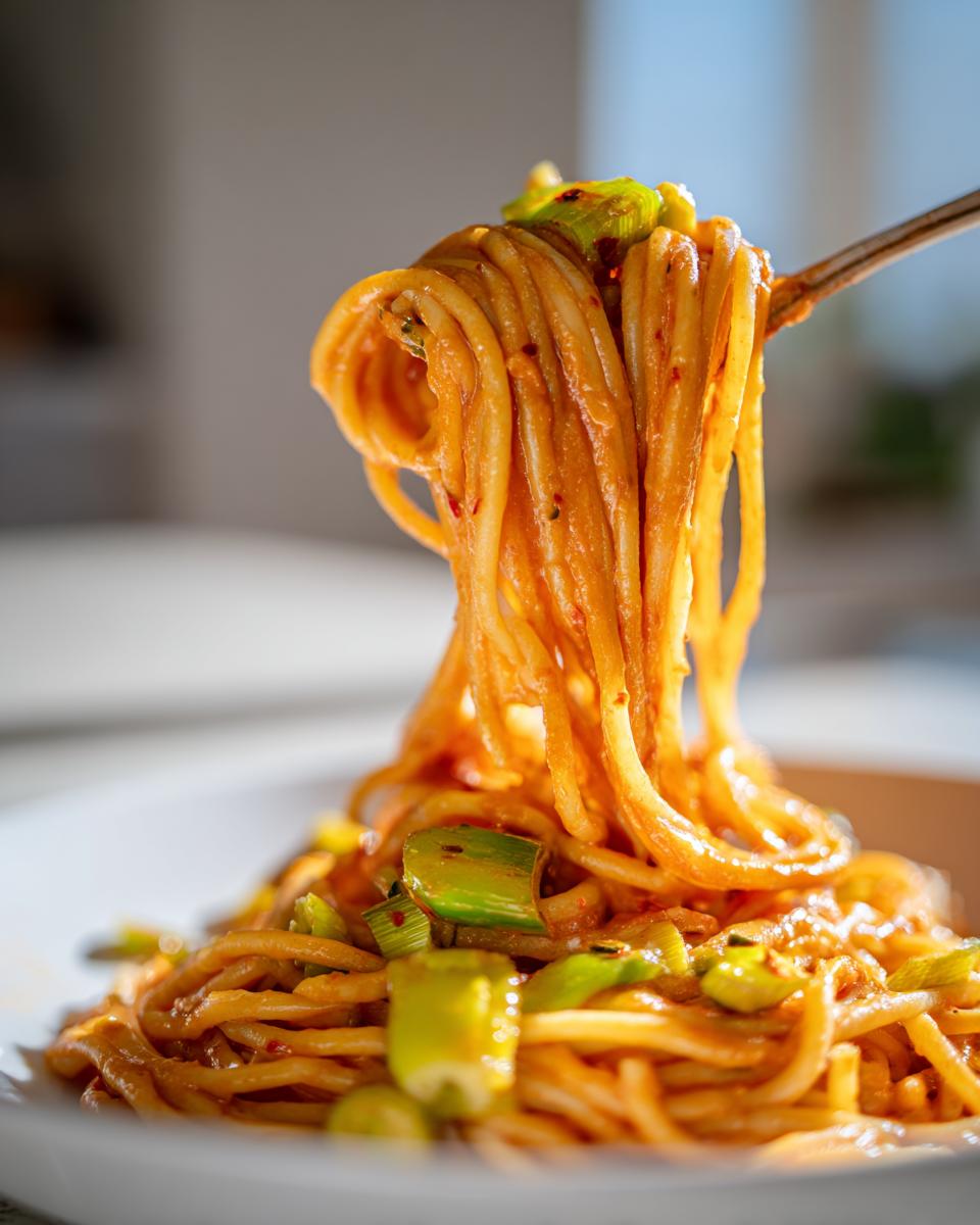 Nahaufnahme von Spaghetti, die mit einer Gabel aus einer Schüssel mit Pasta in cremiger Lauch-Tomaten-Soße mit Chili gehoben werden.