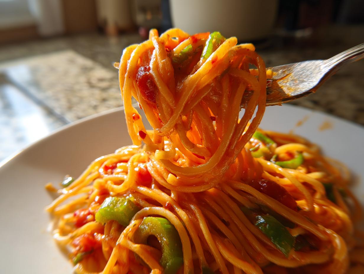 Nahaufnahme von Spaghetti mit cremiger Lauch-Tomaten-Soße und grünen Paprikastücken, die auf einer Gabel hochgezogen werden.