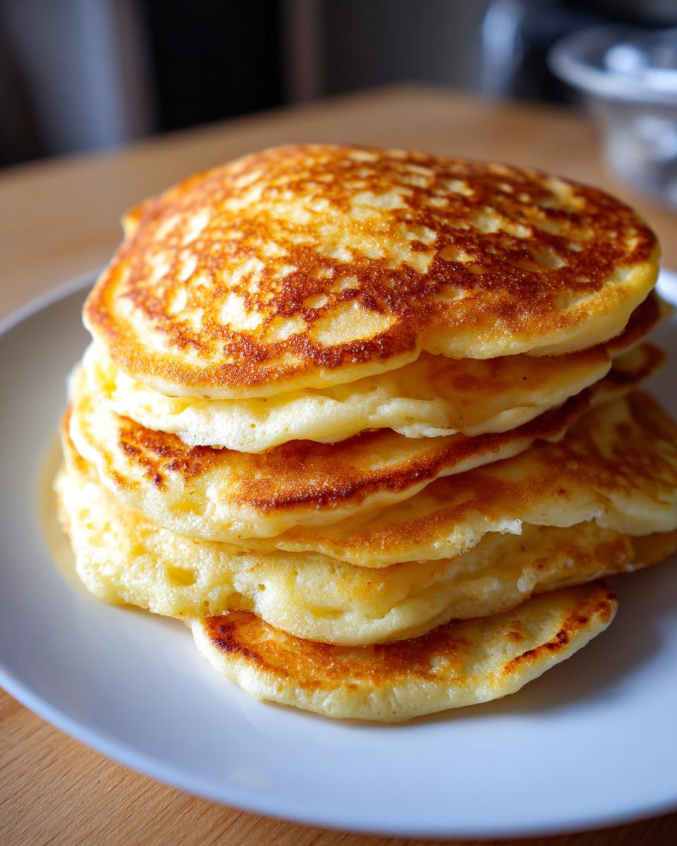 Ein hoher Stapel fluffiger Quark-Pfannkuchen Ohne Mehl mit goldbraunen Rändern auf einem weißen Teller.