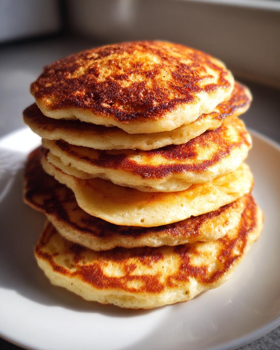 Ein hoher Stapel goldbraun gebratener Quark-Pfannkuchen Ohne Mehl auf einem weißen Teller.
