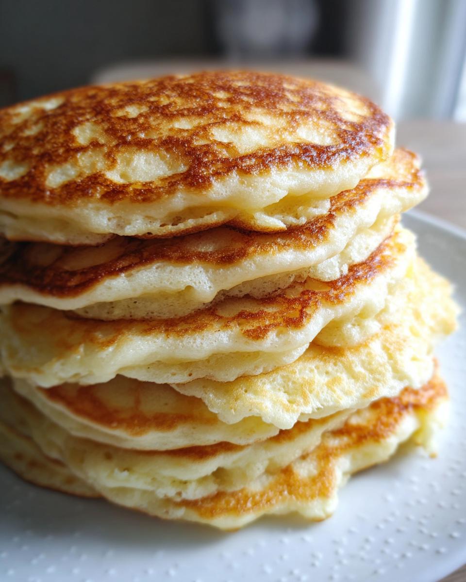 Nahaufnahme eines Stapels goldbraun gebratener Quark-Pfannkuchen Ohne Mehl auf einem weißen Teller.
