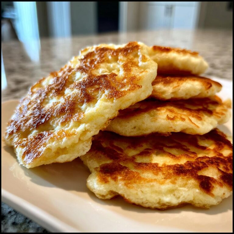 Stapel von fluffigen, goldbraun gebratenen Quark-Pfannkuchen Ohne Mehl auf einem weißen Teller.