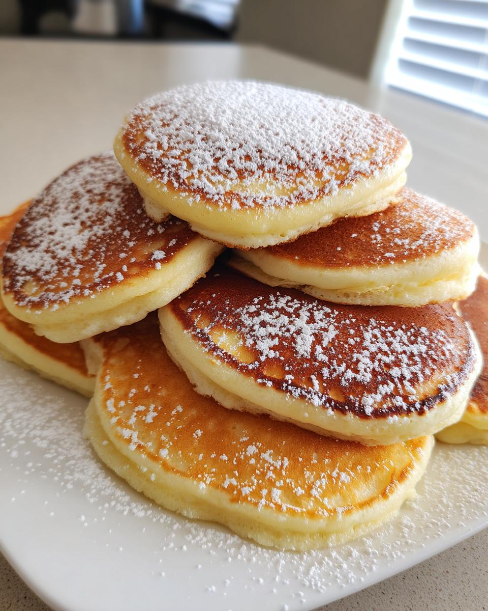 A stack of fluffy Quark-Pfannkuchen Ohne Mehl dusted generously with powdered sugar on a white plate.