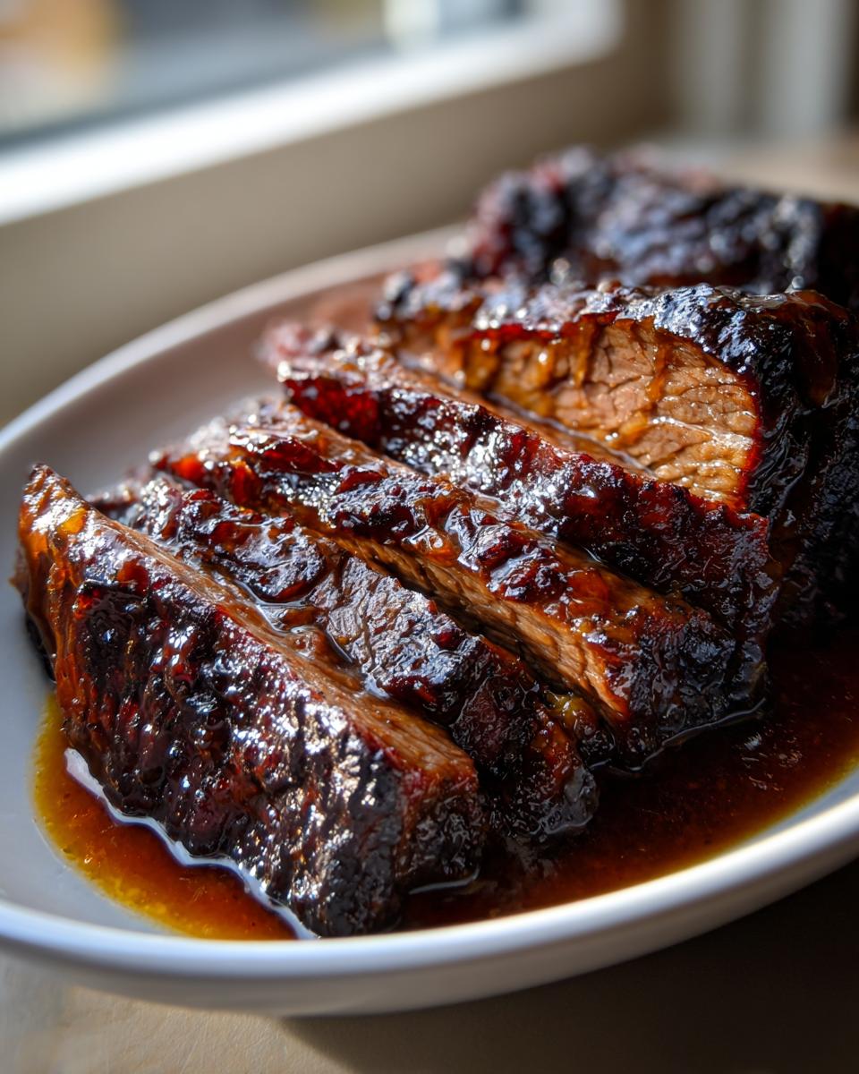 Aufgeschnittener, glasierter Räuberbraten in einer dunklen Soße auf einem weißen Teller.