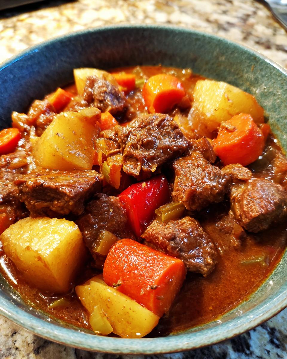 Nahaufnahme eines tiefblauen Tellers gefüllt mit herzhaftem Räubertopf nach Omas Rezept, bestehend aus Fleischwürfeln, Kartoffeln und Karotten.
