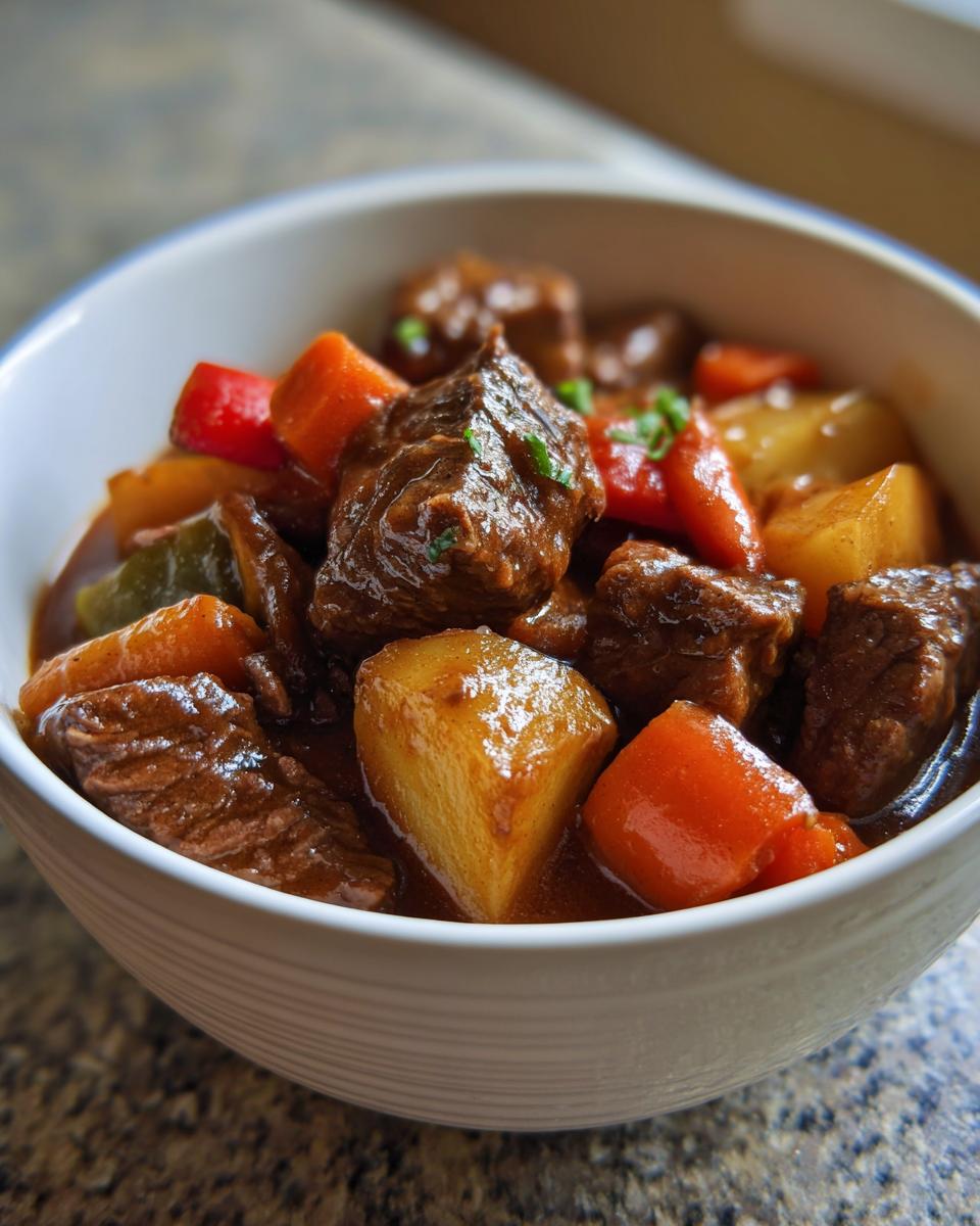 Nahaufnahme von deftigem Räubertopf nach Omas Rezept mit Fleischstücken, Kartoffeln und Karotten in einer weißen Schüssel.