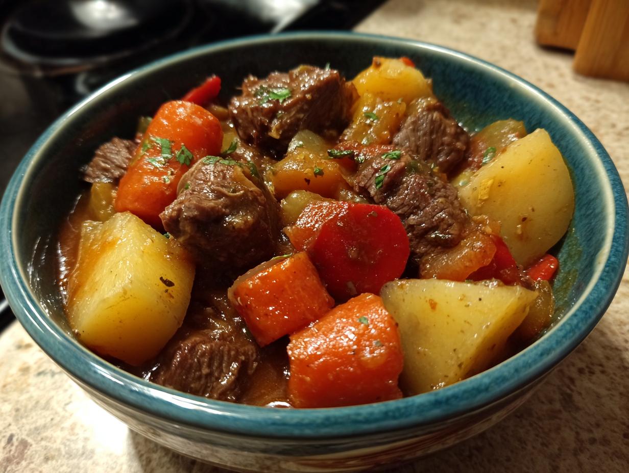Nahaufnahme von deftigem Räubertopf nach Omas Rezept mit großen Stücken Rindfleisch, Karotten und Kartoffeln in einer blauen Schüssel.