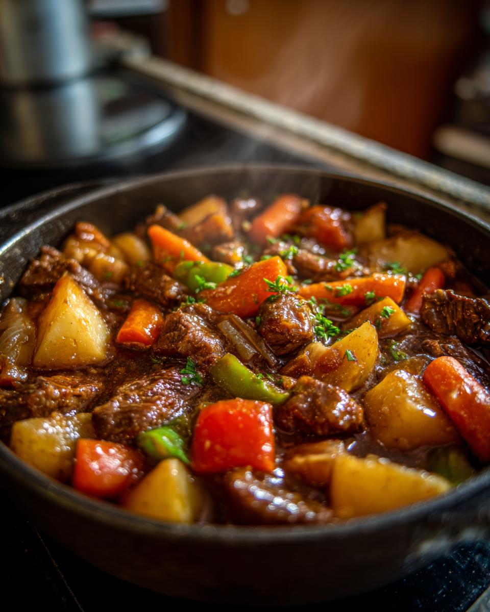 Nahaufnahme eines dampfenden Räubertopf nach Omas Rezept mit Fleischstücken, Kartoffeln und Karotten in einem dunklen Topf.