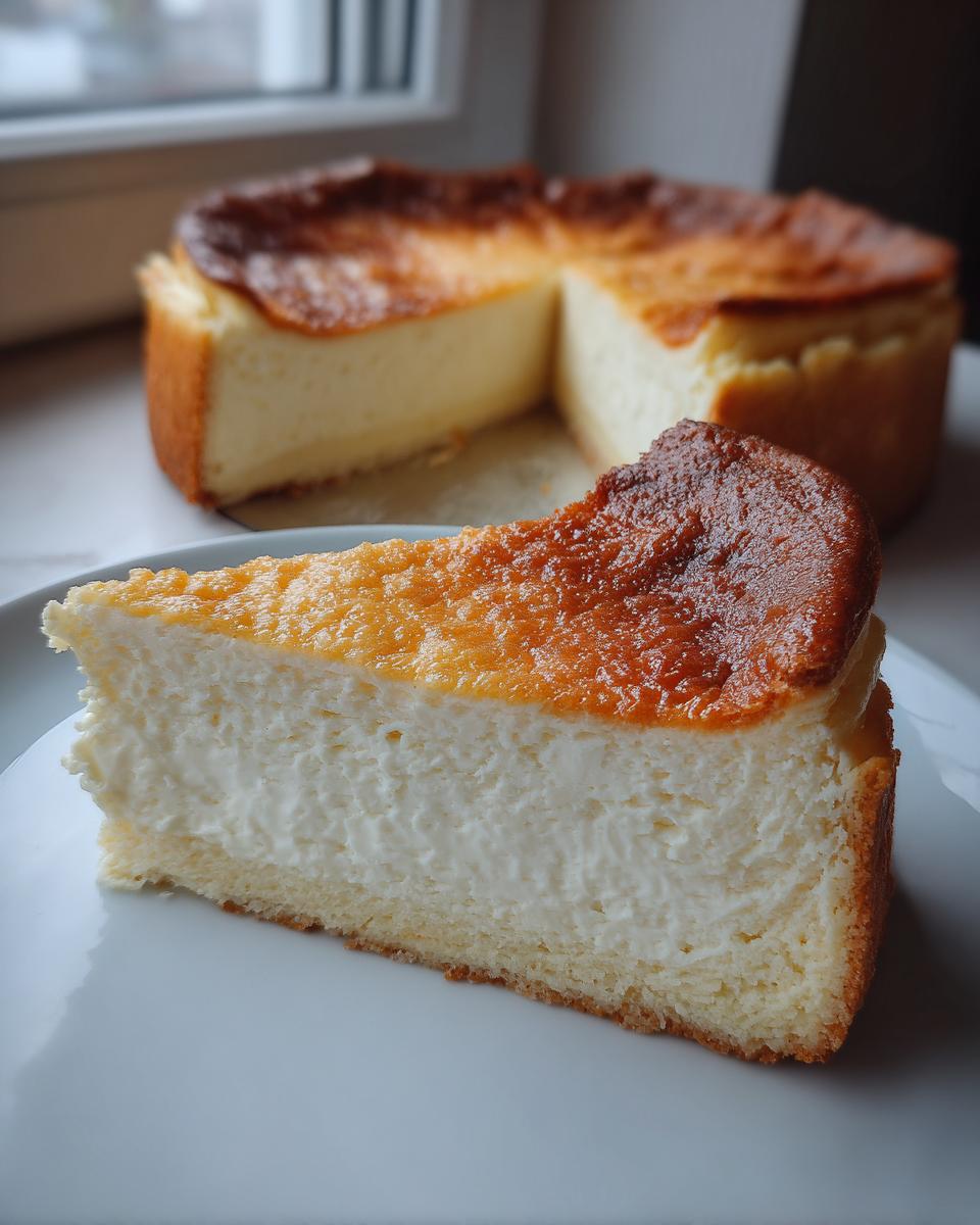 Nahaufnahme eines cremigen Stücks Rahmkuchen Rezept Der Immer Gelingt mit karamellisierter Oberseite auf einem weißen Teller.