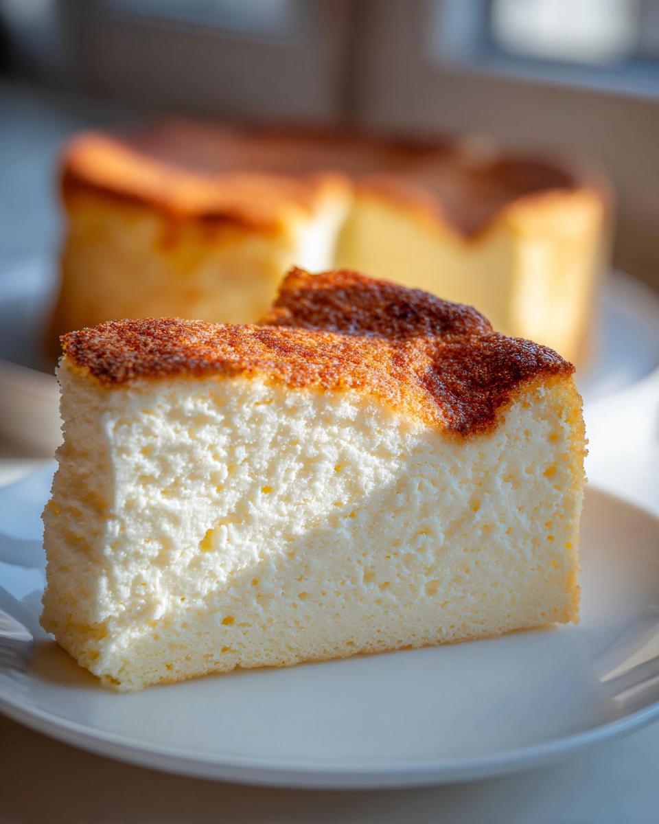Nahaufnahme eines fluffigen Stücks Rahmkuchen Rezept Der Immer Gelingt auf einem weißen Teller mit dunkler Kruste.
