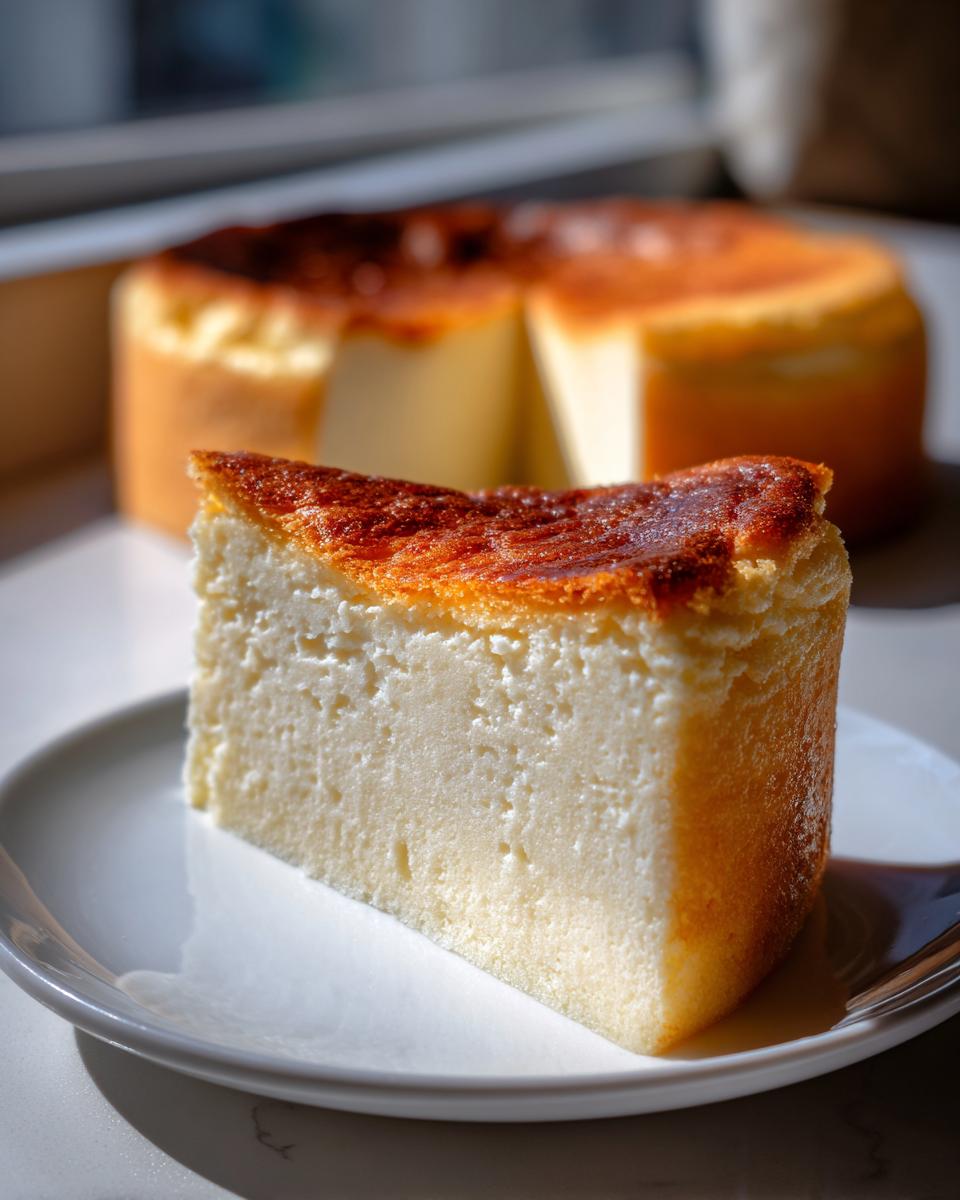 Ein Stück cremiger Rahmkuchen Der Immer Gelingt mit goldbraun gebackener Oberseite auf einem weißen Teller.
