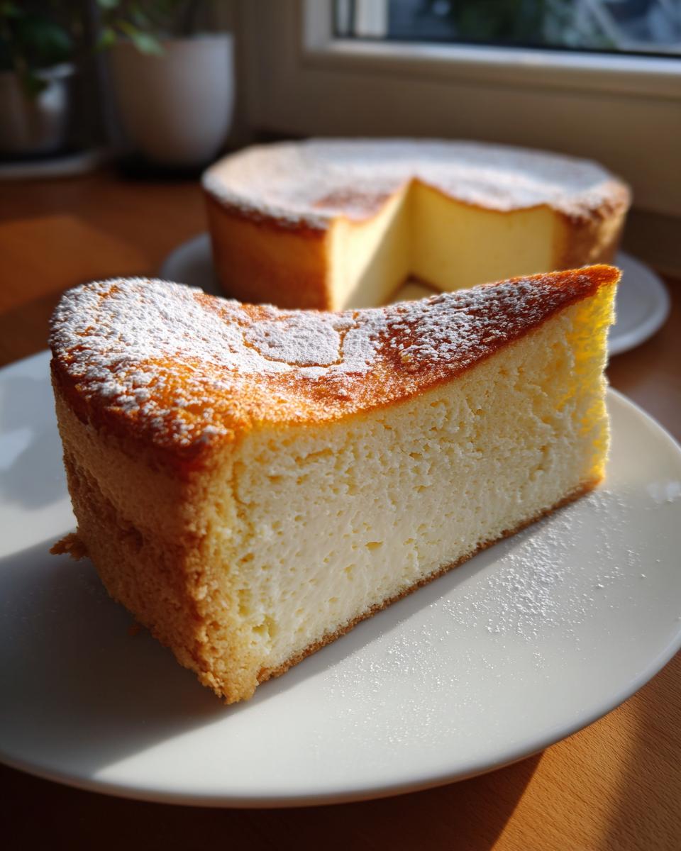 Ein Stück cremiger Rahmkuchen Rezept Der Immer Gelingt, bestäubt mit Puderzucker, auf einem weißen Teller.