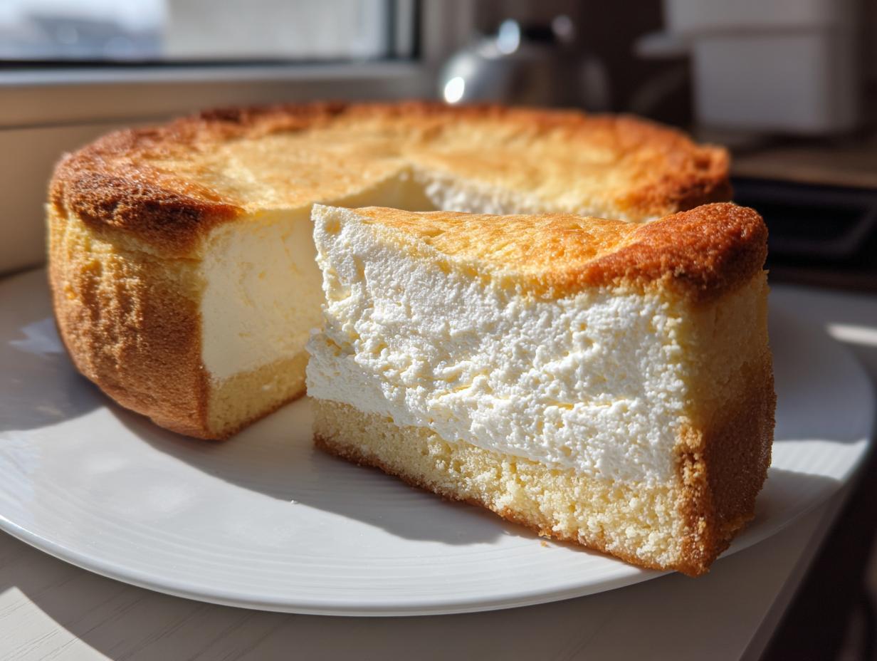 Ein aufgeschnittenes Stück Rahmkuchen Rezept Der Immer Gelingt mit dicker, cremiger Füllung auf einem weißen Teller.