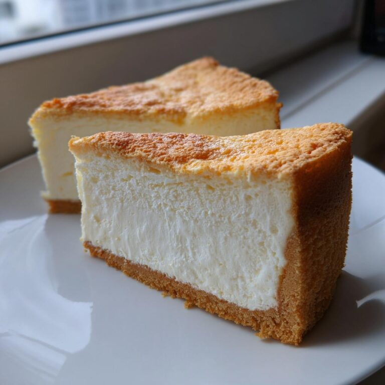 Zwei Stücke cremiger Rahmkuchen mit goldbraunem Rand auf einem weißen Teller, ideal für das Rahmkuchen Rezept.