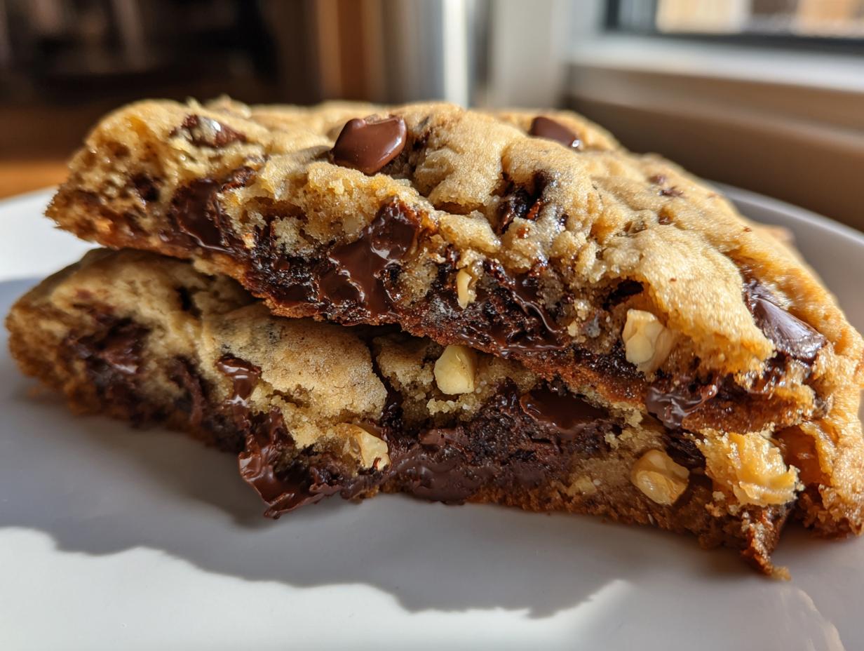 Nahaufnahme von zwei Hälften Riesige Schokokekse, die den weichen Kern mit geschmolzener Schokolade und Nüssen zeigen.