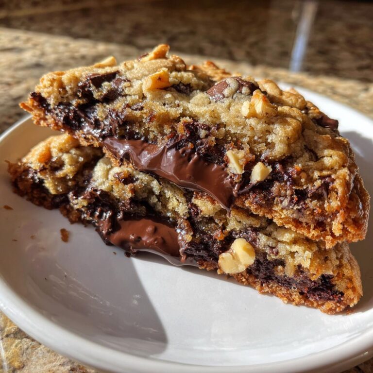 Nahaufnahme von zwei Hälften Riesige Schokokekse, die aufgeschnitten sind und flüssige, geschmolzene Schokolade sowie Walnüsse zeigen.