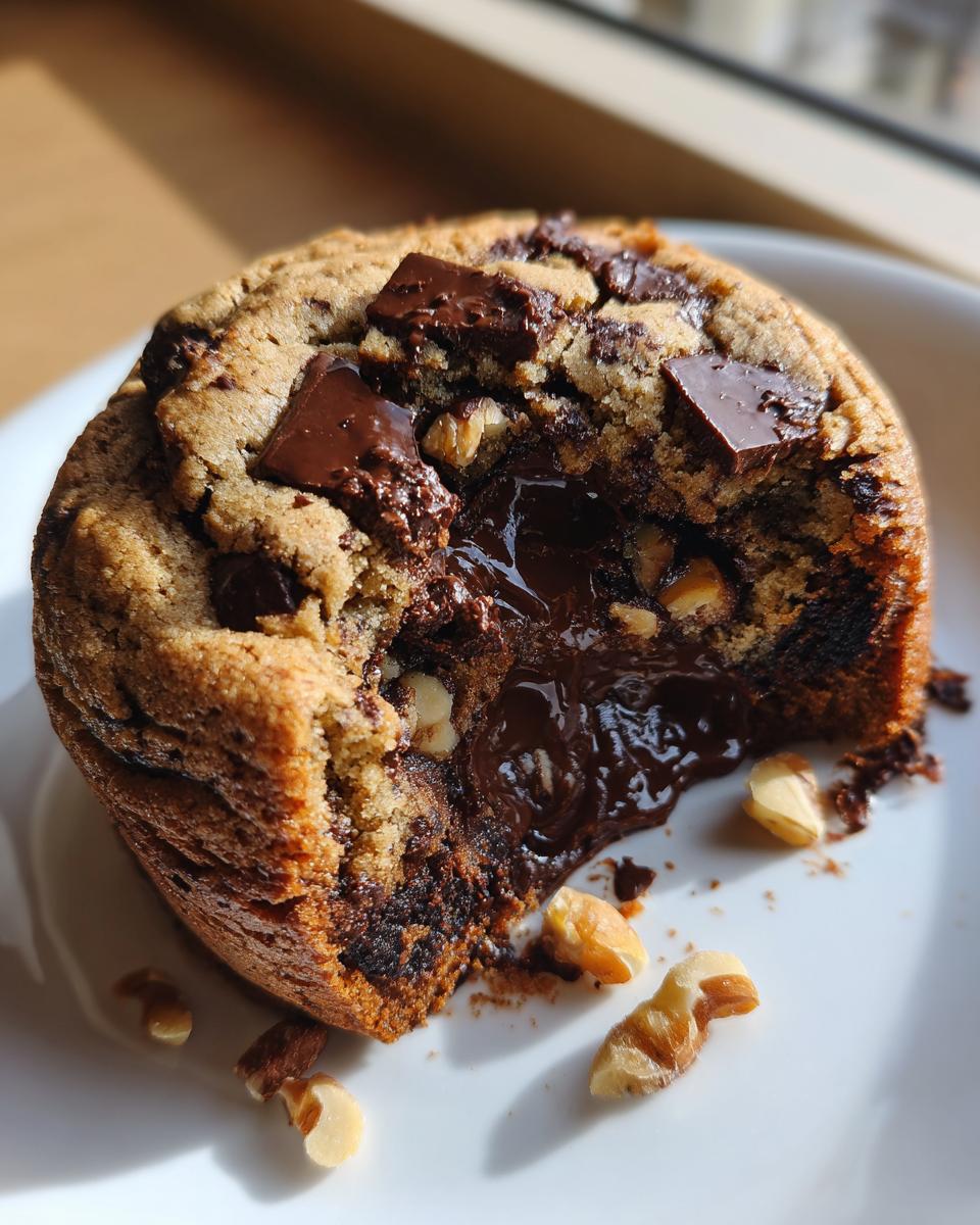 Nahaufnahme eines angeschnittenen Riesige Schokokekse mit geschmolzener Schokolade und Walnüssen auf einem weißen Teller.