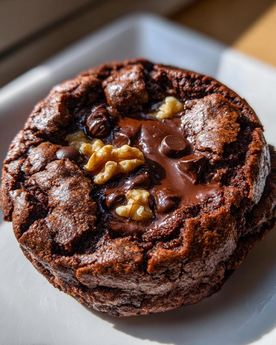 Nahaufnahme eines frisch gebackenen, dicken Riesige Schokokekse mit geschmolzener Schokolade und Walnüssen.