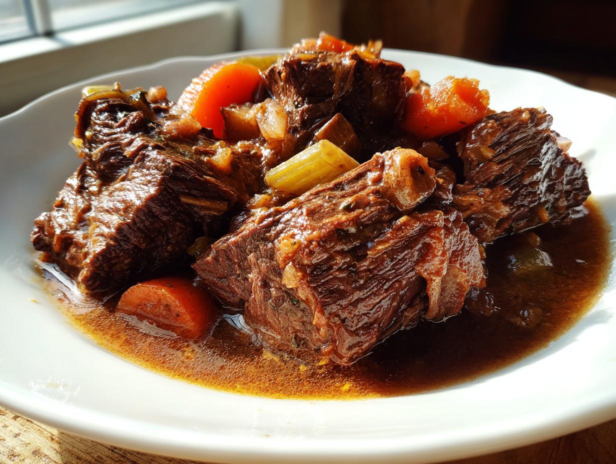 Nahaufnahme von saftigem Rouladentopf aus dem Backofen mit großen Fleischstücken und Karotten in dunkler Soße.