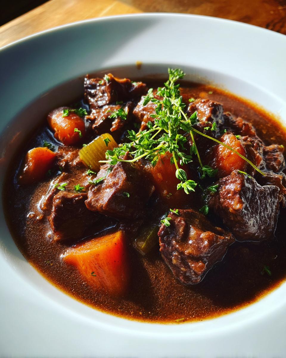 Nahaufnahme eines tiefen weißen Tellers gefüllt mit Rouladentopf aus dem Backofen, dunkler Soße, Karottenstücken und frischem Thymian.