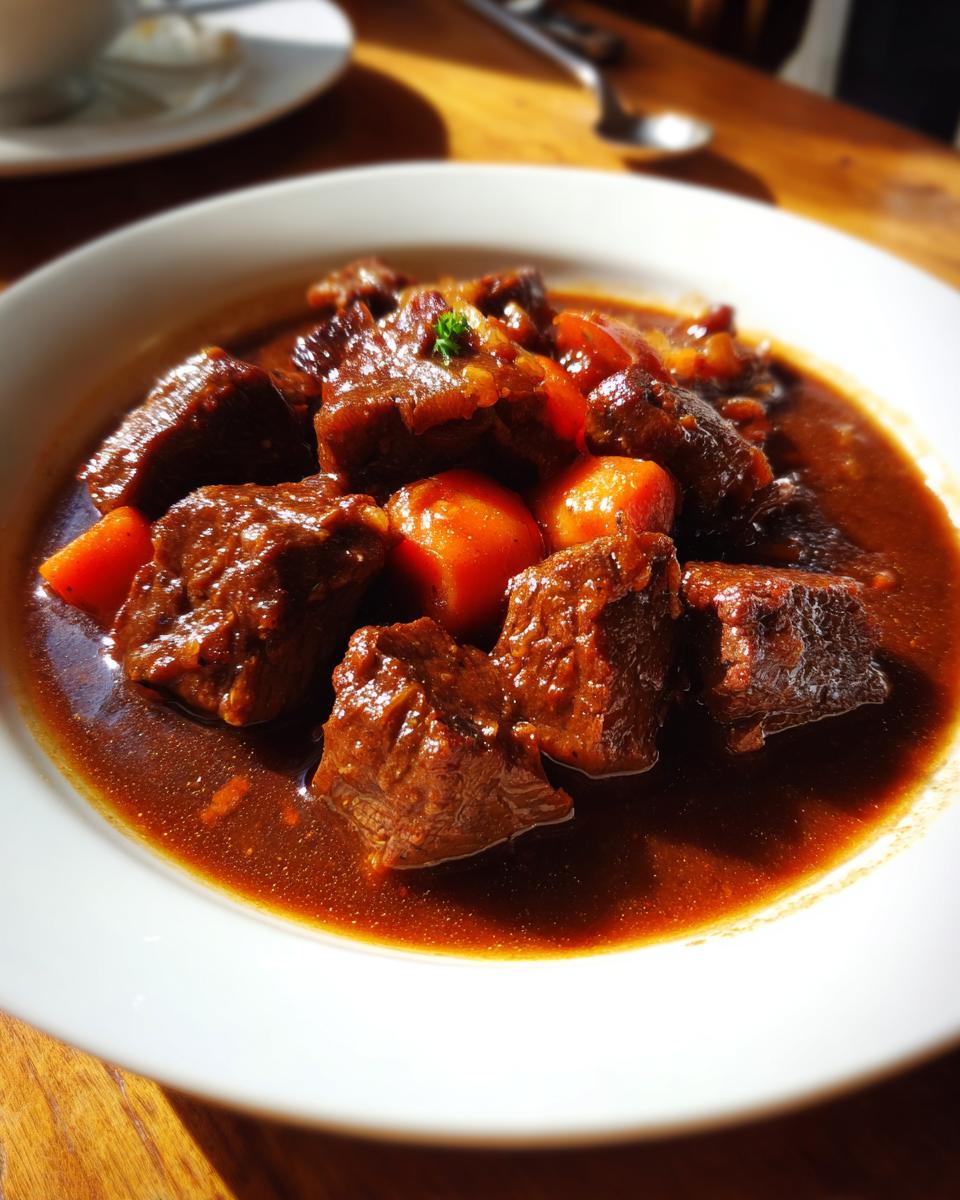 Nahaufnahme von Rouladentopf aus dem Backofen mit dunkler Soße und Fleischstücken, serviert in einer weißen Schüssel.