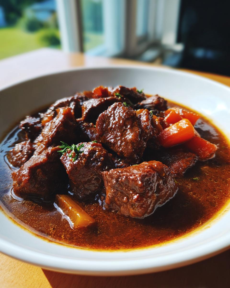 Nahaufnahme von saftigen Fleischstücken in dunkler Soße, typisch für Rouladentopf aus dem Backofen.