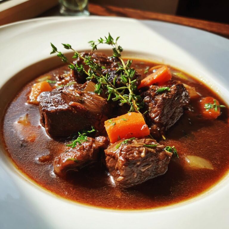 Nahaufnahme von saftigen Fleischstücken in dunkler Sauce mit Karotten, Teil des Rouladentopf aus dem Backofen.