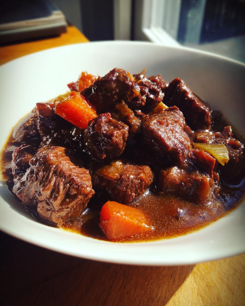 Ein weißer tiefer Teller gefüllt mit saftigem Rindfleisch und Karottenstücken in dunkler Soße vom Rouladentopf aus dem Backofen.
