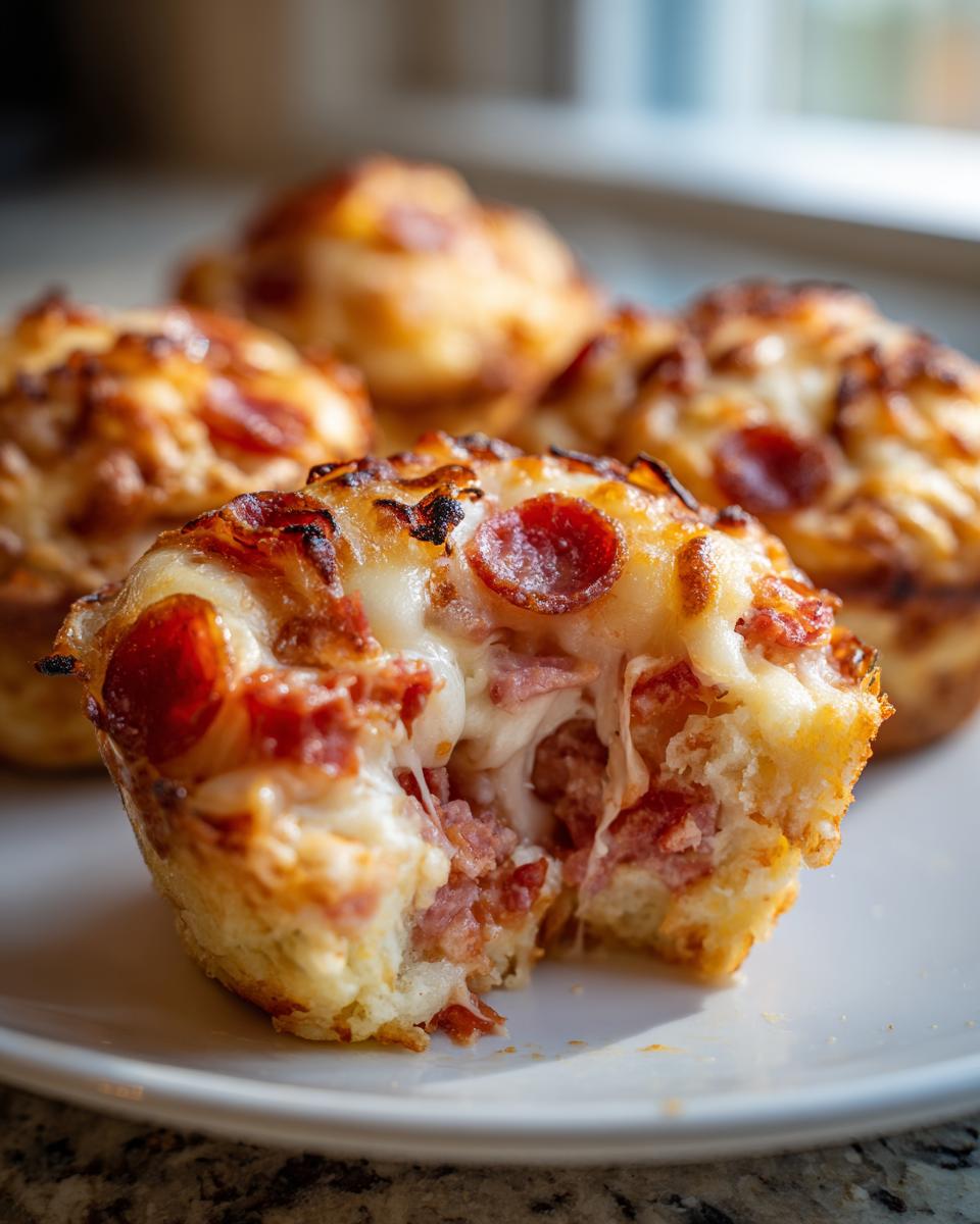 Nahaufnahme eines angebissenen, saftigen Pizza Muffins, der mit geschmolzenem Käse und Peperoni gefüllt ist.