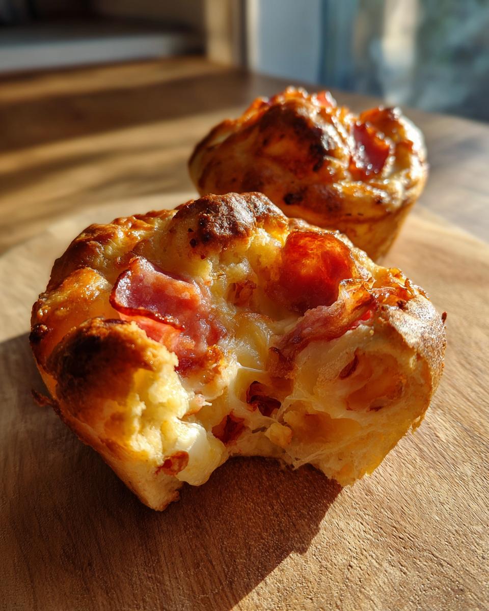 Ein angeschnittener, saftiger Pizza Muffin mit geschmolzenem Käse und Schinkenstücken, beleuchtet von Sonnenlicht.