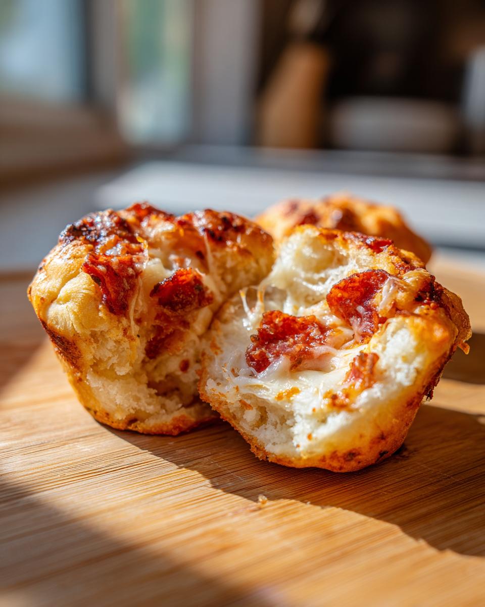 Ein aufgeschnittener, saftiger Pizza Muffin mit geschmolzenem Käse und Peperoni auf einem Holzbrett.