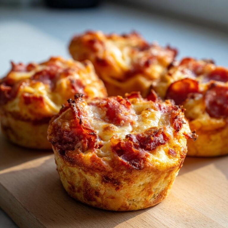 Vier goldbraune, saftige Pizza Muffins mit geschmolzenem Käse und Peperoni auf einem Holzbrett.