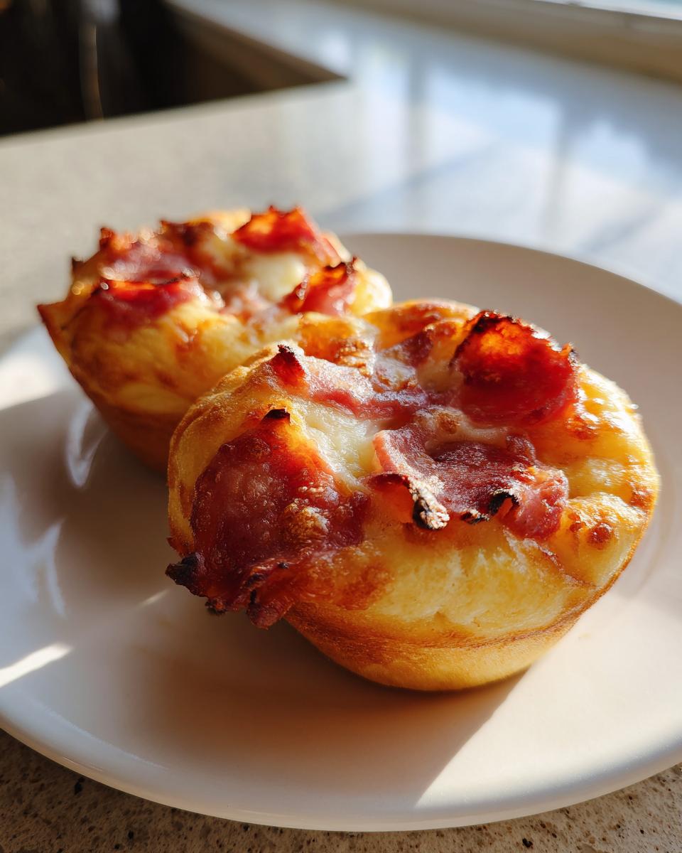 Nahaufnahme von zwei goldbraunen, saftige Pizza Muffins mit geschmolzenem Käse und knusprigen Wurststücken auf einem weißen Teller.