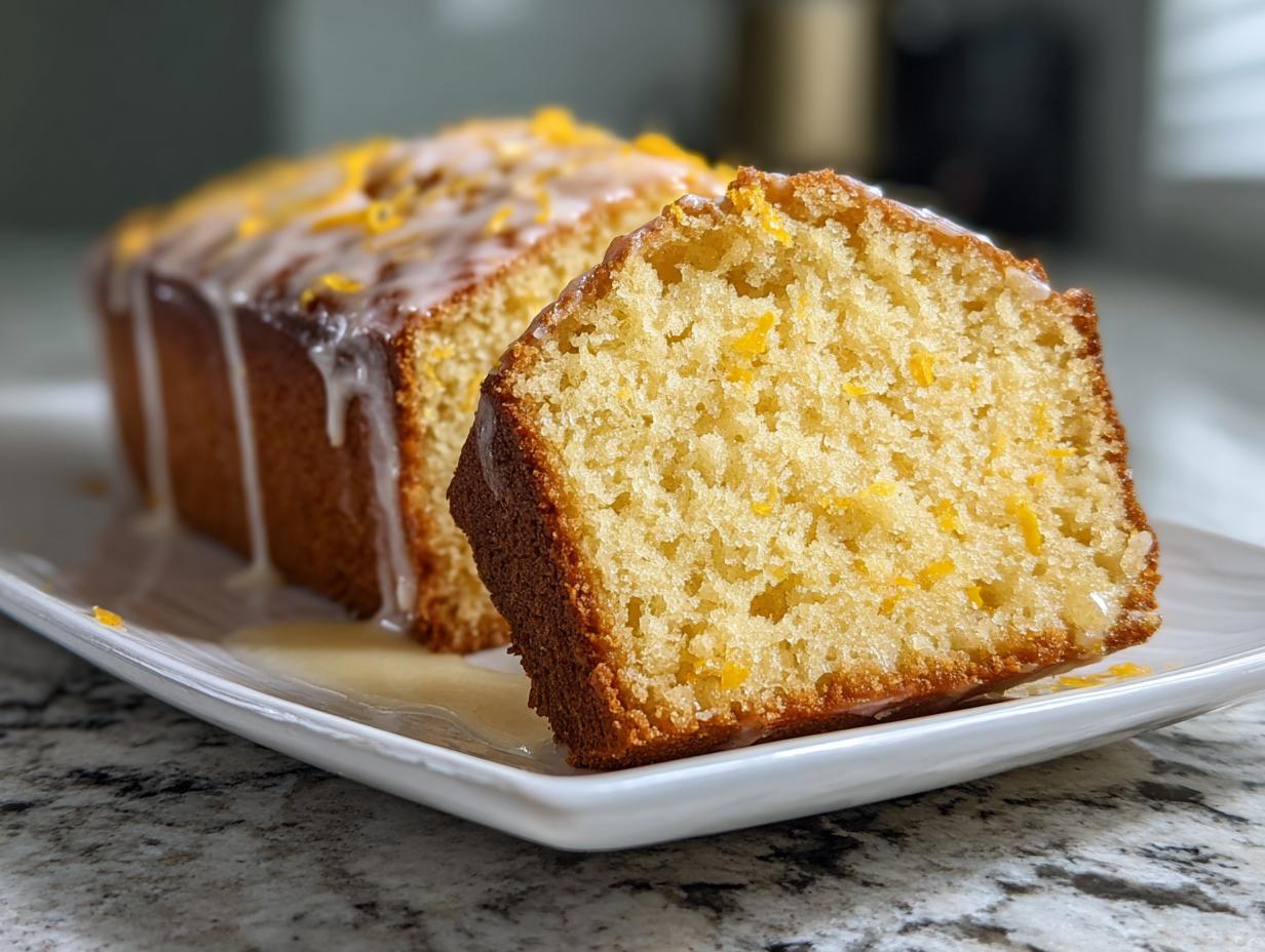 Aufgeschnittener, saftiger Zitronen-Joghurt-Kuchen mit Zitronenglasur und Zesten.