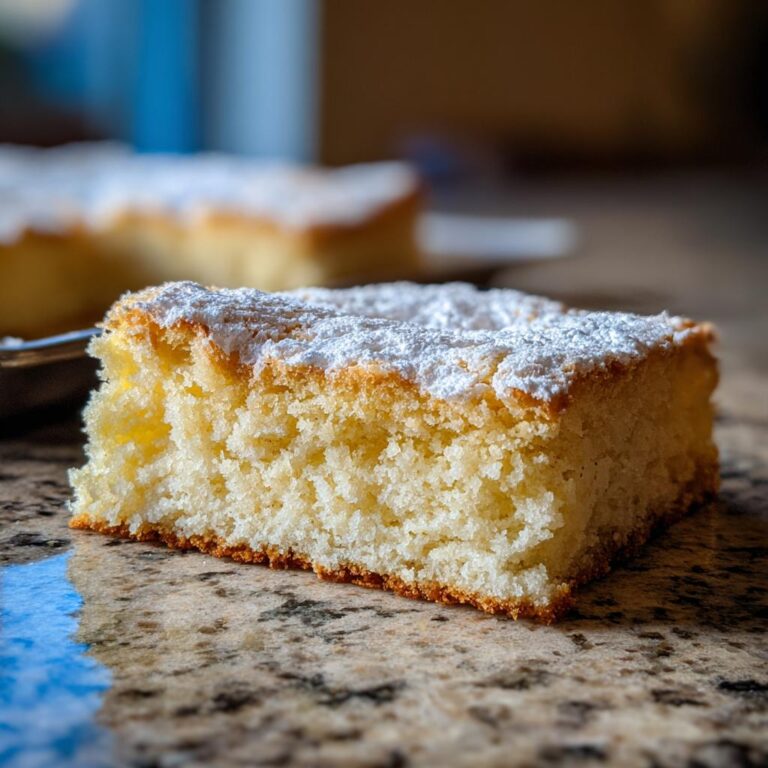 Nahaufnahme eines saftigen Stücks Fantakuchen vom Blech, bestäubt mit Puderzucker, auf einer Marmoroberfläche.