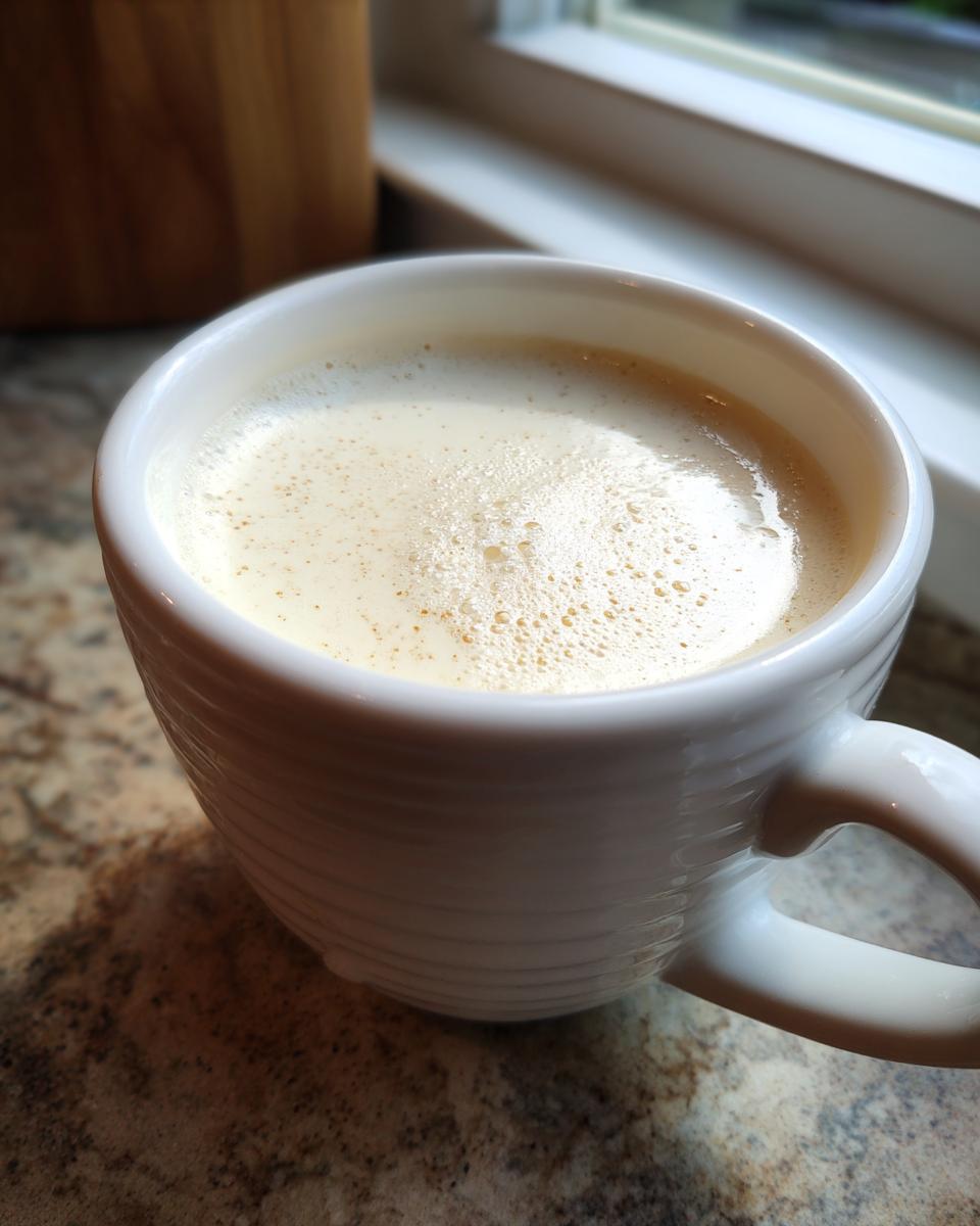 Nahaufnahme einer Tasse mit cremiger, leicht schaumiger weißer Flüssigkeit, die die samtige Textur der Bechamelsauce rezept demonstriert.