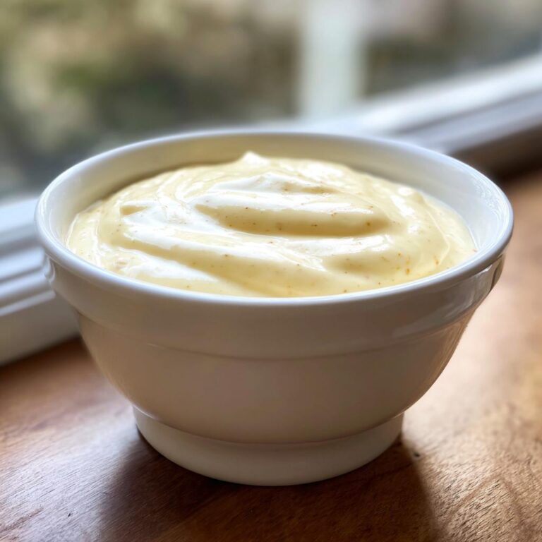 Eine cremige, gelbliche Bechamelsauce rezept in einer weißen Schüssel, garniert mit feinen Gewürzsprenkeln.