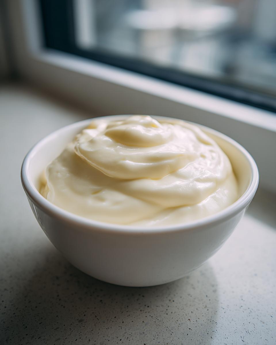 Nahaufnahme einer cremigen, hellgelben Bechamelsauce rezept in einer kleinen weißen Schüssel.