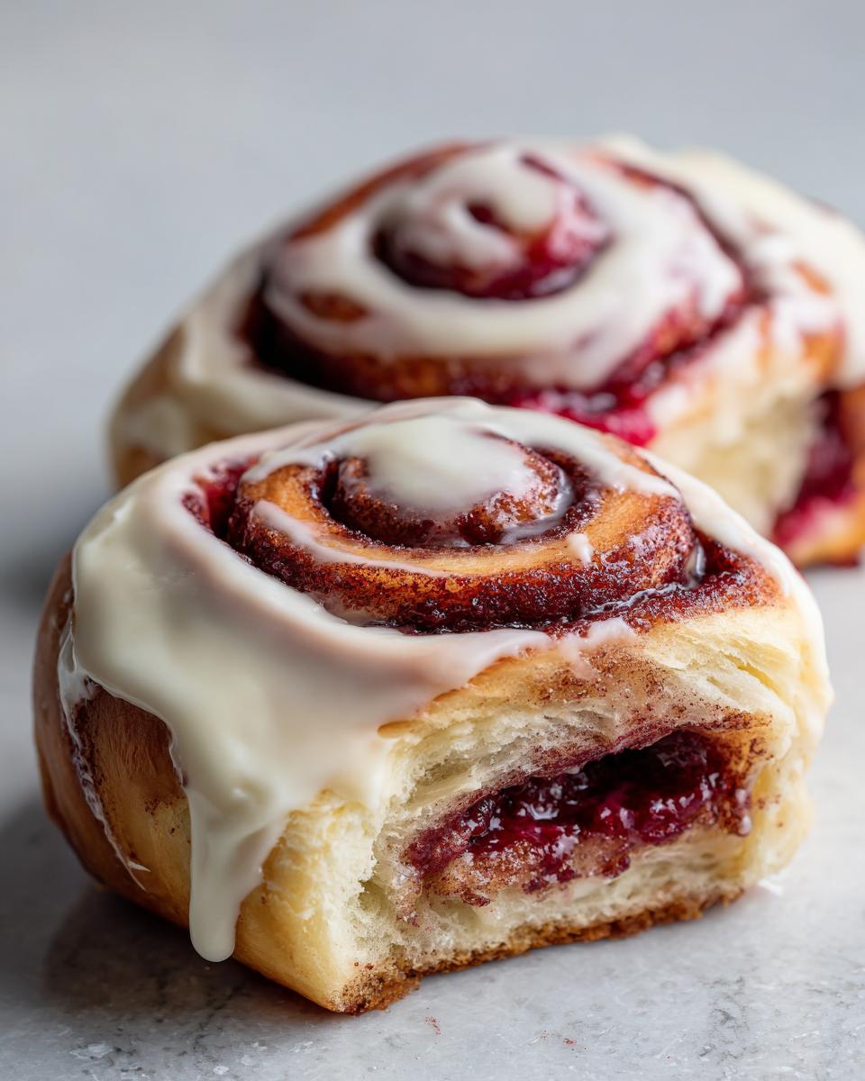 Nahaufnahme von zwei Samtweiche Zimtrollen, eine davon angebissen, mit dicker weißer Glasur und roter Füllung.