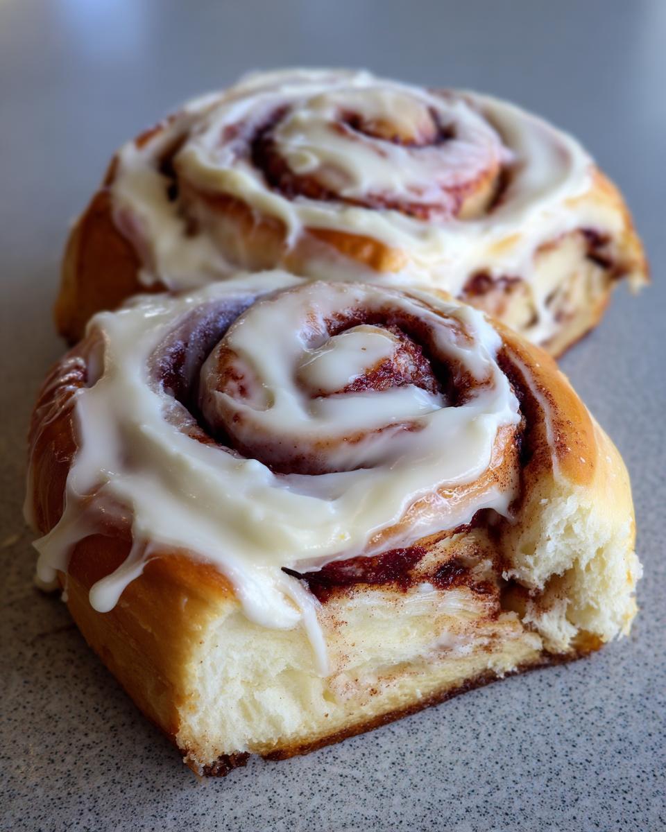 Nahaufnahme von zwei Samtweiche Zimtrollen, eine davon angebissen, bedeckt mit weißem Zuckerguss.