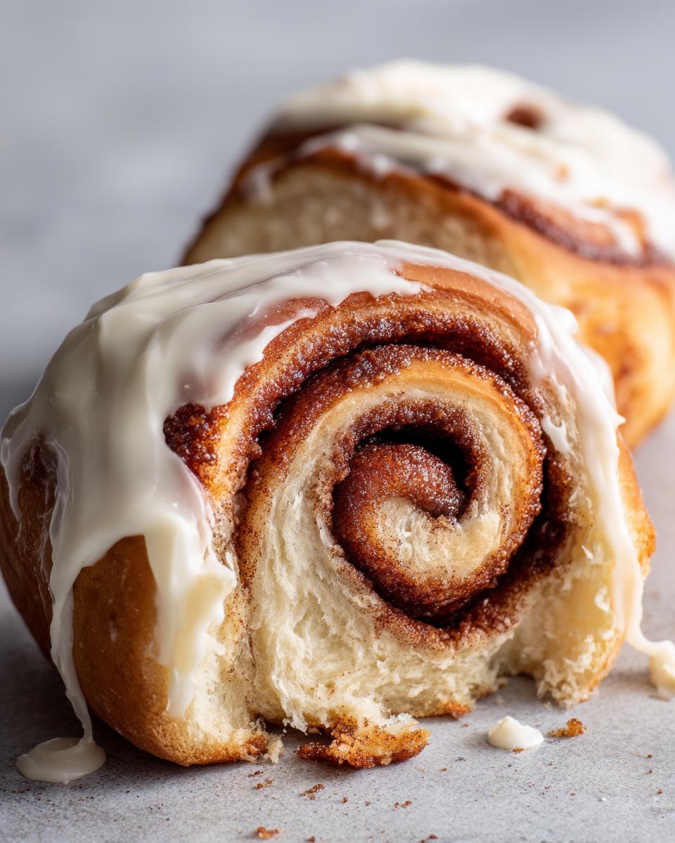 Nahaufnahme einer angeschnittenen Zimtrolle mit saftiger Füllung und cremigem Zuckerguss, die die Textur der Samtweiche Zimtrollen zeigt.