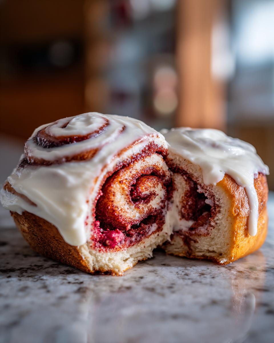 Nahaufnahme von zwei Samtweiche Zimtrollen, die in der Mitte durchgebrochen sind und mit dickem weißen Zuckerguss bedeckt sind.