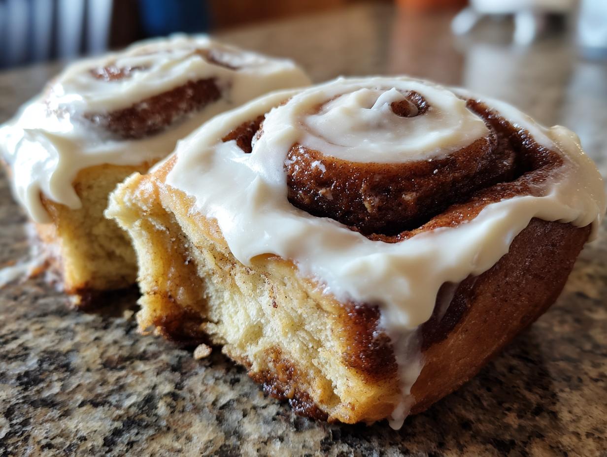 Nahaufnahme von zwei frisch gebackenen Samtweiche Zimtrollen, reichlich mit weißem Zuckerguss bedeckt, auf einer Granitoberfläche.