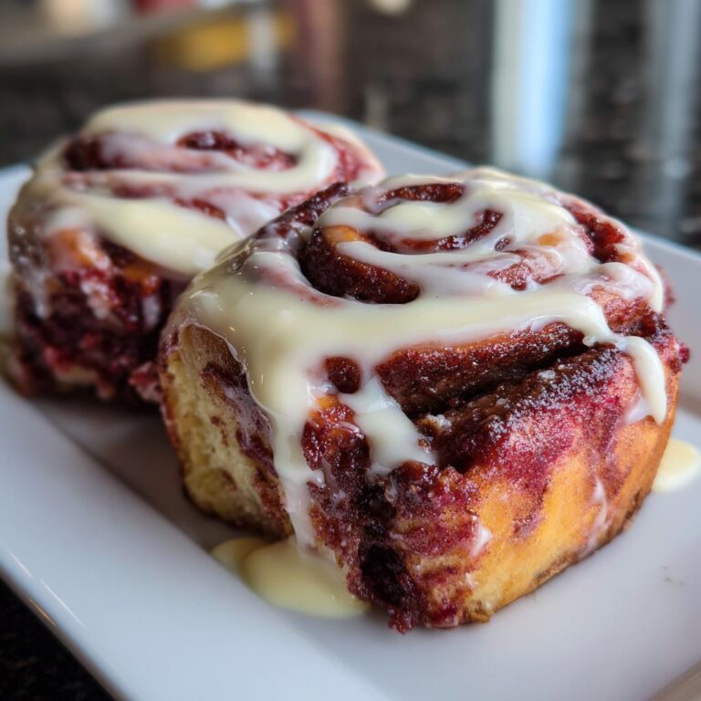 Nahaufnahme von zwei saftigen Samtweiche Zimtrollen, üppig mit weißem Zuckerguss bedeckt, auf einem weißen Teller.